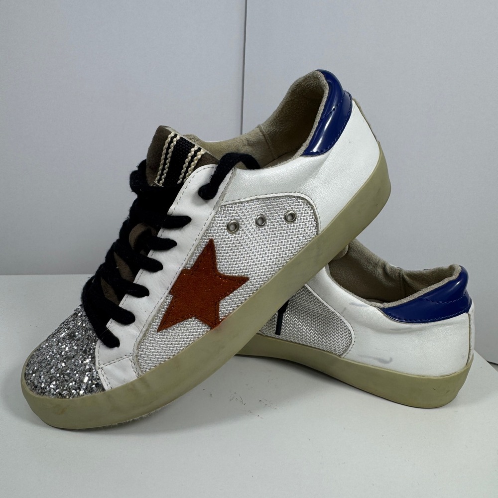 SHUSHOP Pamela Sneaker Women 6 White Silver Mesh Glitter Distressed Star Sneaker